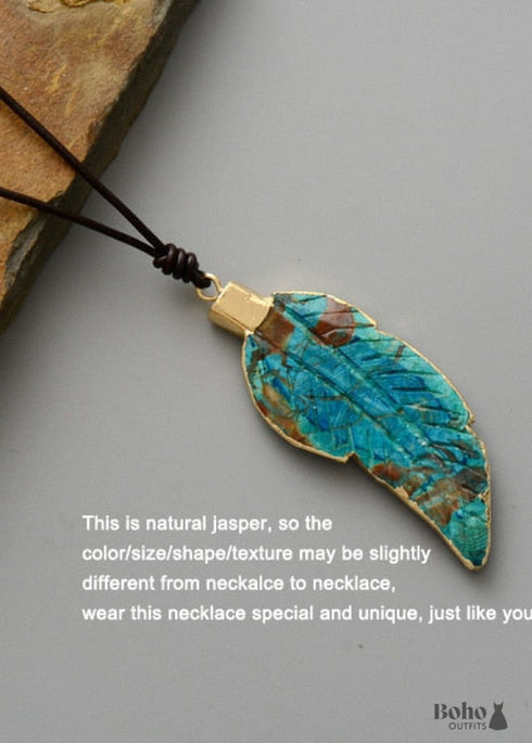 Boho Necklace, Blue Agate Leaf Pendant